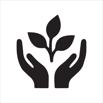 Hands cradling a sprouting plant world mental health concept black flat icon on white background
