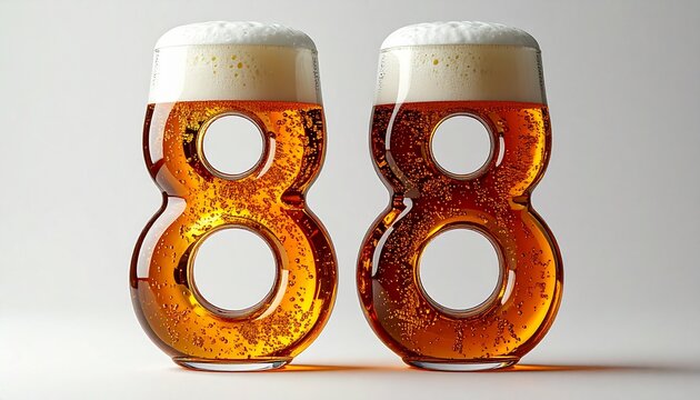 Beer Glass Shaped as Number 88 with Foam and Bubbles on White Background for Birthday and Anniversary Celebration