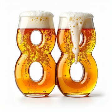 Beer Glass Shaped as Number 88 with Foam and Bubbles on White Background for Birthday and Anniversary Celebration