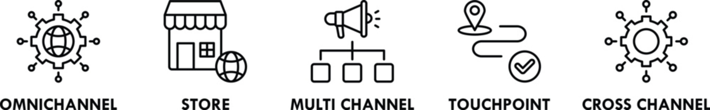 Business marketing icons including omnichannel, store, multi channel, touchpoint and cross channel