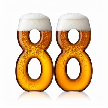 Beer Glass Shaped as Number 88 with Foam and Bubbles on White Background for Birthday and Anniversary Celebration
