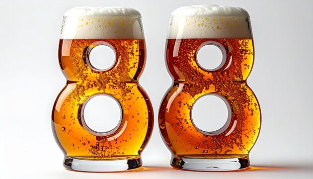 Beer Glass Shaped as Number 88 with Foam and Bubbles on White Background for Birthday and Anniversary Celebration