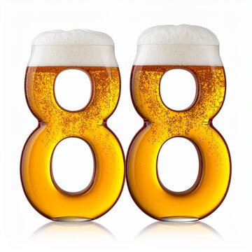 Beer Glass Shaped as Number 88 with Foam and Bubbles on White Background for Birthday and Anniversary Celebration