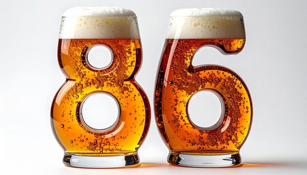 Beer Glass Shaped as Number 86 with Foam and Bubbles on White Background for Birthday and Anniversary Celebration
