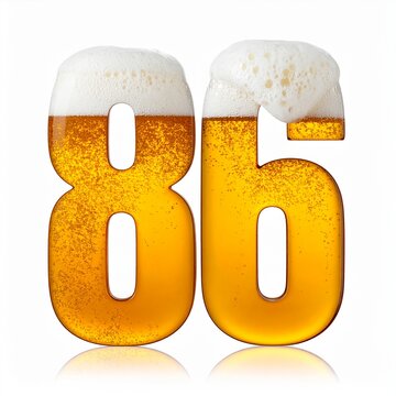 Beer Glass Shaped as Number 86 with Foam and Bubbles on White Background for Birthday and Anniversary Celebration