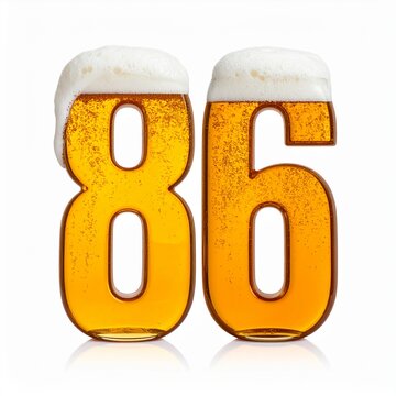 Beer Glass Shaped as Number 86 with Foam and Bubbles on White Background for Birthday and Anniversary Celebration