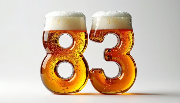 Beer Glass Shaped as Number 83 with Foam and Bubbles on White Background for Birthday and Anniversary Celebration