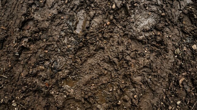 Top view of wet dark brown soil texture.