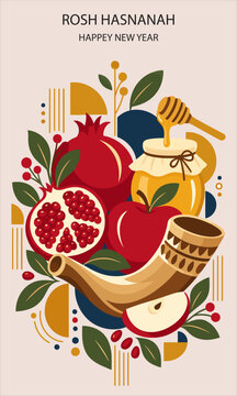 Stylized flat vector illustration featuring traditional Rosh Hashanah elements including a shofar, honey jar, honey dipper, apples, pomegranate, botanical leaves, berries, and geometric decorative sha