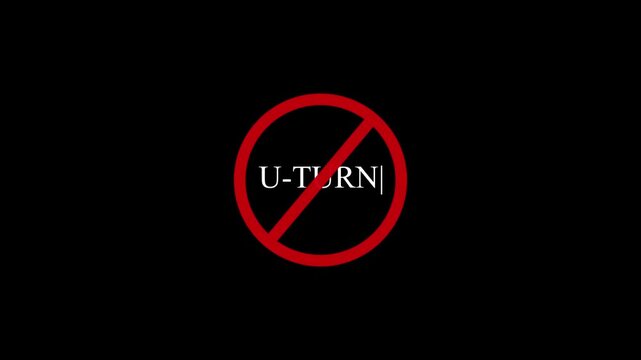 A circular red and black no U-turn text icon animation. stop, not allowed and ban concept animation on black background. 4k video