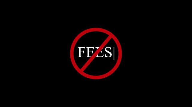 A circular red and black no fees text icon animation. stop, not allowed and ban concept animation. 4k