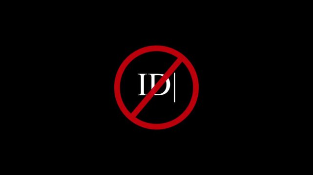 ID not allowed sign animation, identification card not allowed warning sign animatronic restricted area warning animation, A circular red and black no id text icon animation.