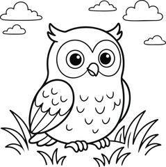 Obraz premium Cute cartoon owl sitting in the grass with clouds in the sky, coloring page for kids