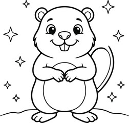 Obraz premium Cute cartoon beaver standing with stars in the background, simple coloring page for kids