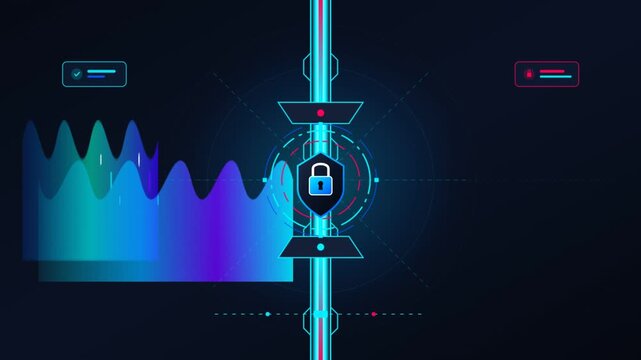 Cybersecurity interface with glowing lock icon and animated data graphs