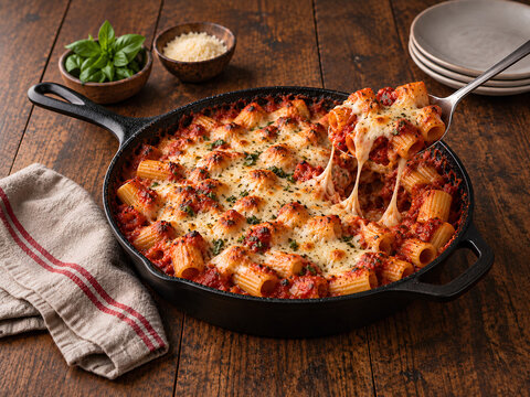 Cheesy Baked Rigatoni Pasta with Tomato Sauce in Cast Iron Skillet