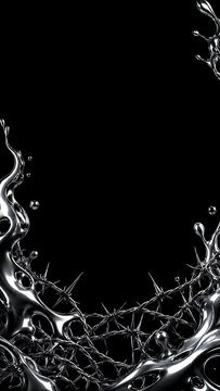 3D Liquid Chrome Metal Frame with Barbed Wire Border for Halloween Background