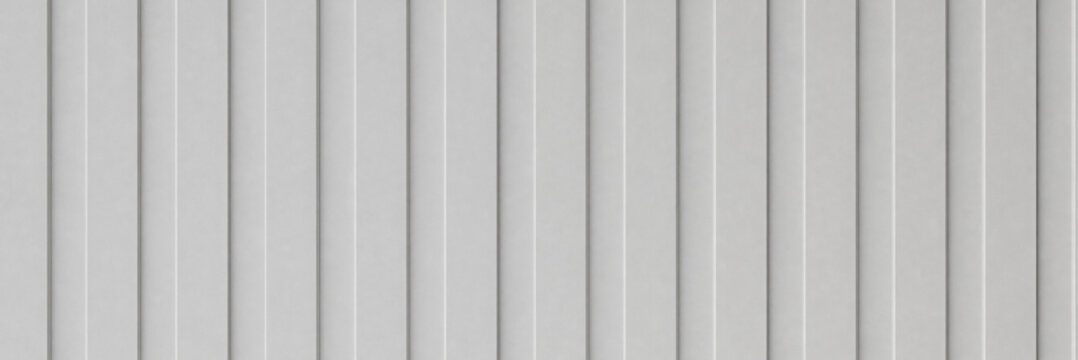 Corrugated grey metal wall texture with vertical ribbed panel pattern, clean industrial metal siding surface for architectural backdrop, minimalist white corrugated steel building facade