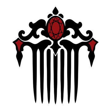 Gothic hair comb with a red oval gem and ornate curling crest, black and red vector icon for Victorian hair accessory, Spanish mantilla and sticker designs.
