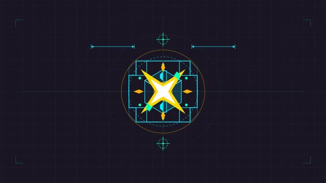 Cyan wireframe cube morphing inside technical HUD grid animation