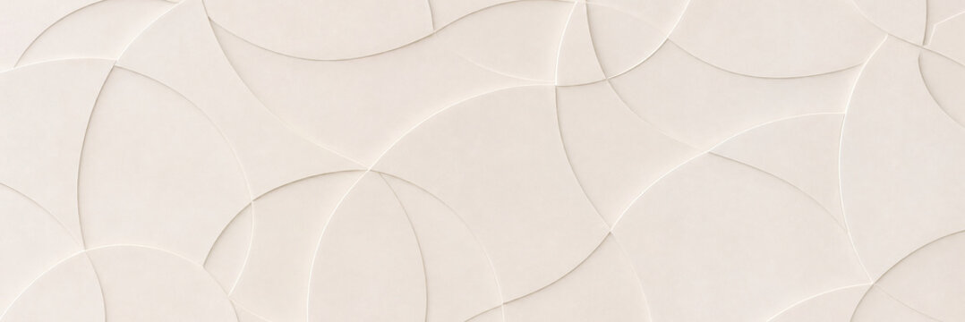 Minimalist white plaster wall texture with geometric overlapping circles, modern embossed abstract architectural line background, elegant beige stucco relief pattern for backdrop