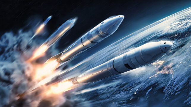 Missiles move quickly around the globe, demonstrating advanced military technology and emphasizing the intensity of global conflict in the sky above
