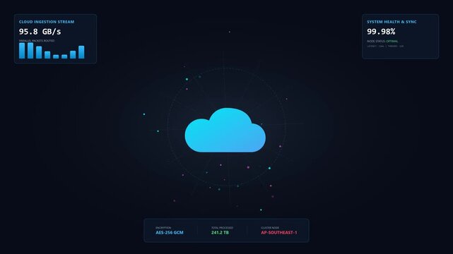 High-tech 4K motion graphic showing animated data packet routing and cloud infrastructure sync.