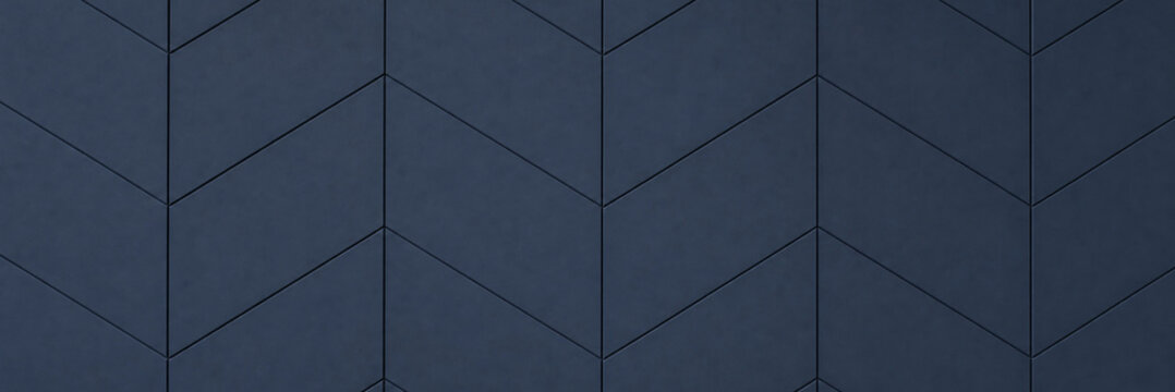 Dark blue chevron geometric pattern texture background, navy blue herringbone seamless wall paneling surface, modern luxury acoustic felt tile backdrop for interior architectural decoration