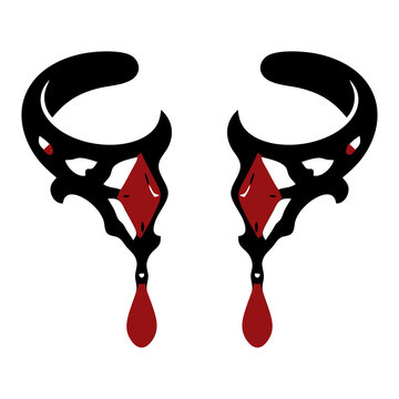 Pair of gothic ear cuffs with curved horns, red gems and teardrop drops, black and red vector icon for fantasy jewelry, elf cosplay and sticker designs.