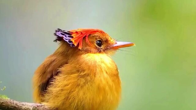 Royal flycatcher bird with vibrant orange crest perched on a branch in natural forest environment