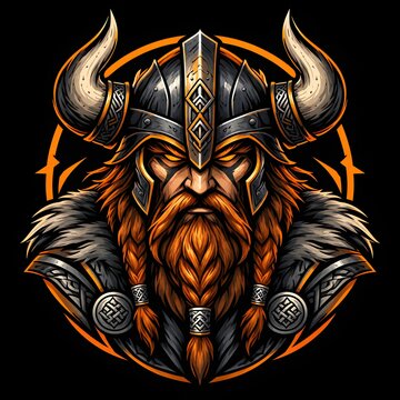 Viking warrior head mascot emblem vector illustration featuring Norse berserker with horned helmet and braided red beard on dark background