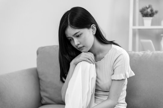 Unhappy asian woman girl disappointed, sad about problem in home alone, feel lonely, Stressed, suffering from bad relationship, break up, divorce, female confused, depression mental health, loneliness