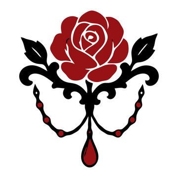 Gothic rose ornament with scrolling arms, bead swags and a red blood drop, black and red vector icon for Victorian decor, floral flourish and sticker designs.