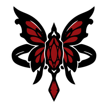 Gothic butterfly wing ornament with a red marquise gem centerpiece, black and red vector icon for dark nature jewelry, transformation and tattoo designs.