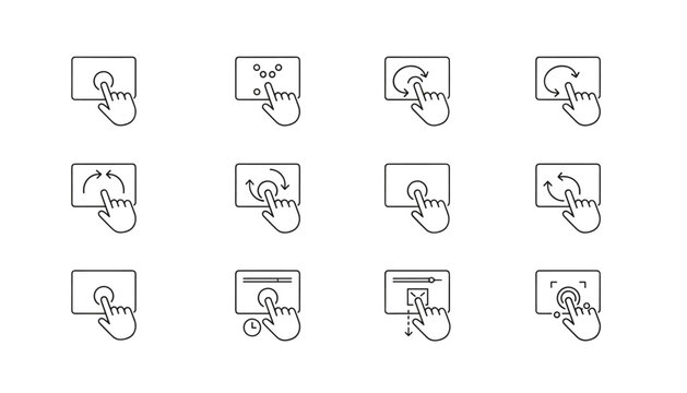 Set of twelve minimalist touch screen gesture icons showing various finger taps, scrolls, zooms, and rotations.
