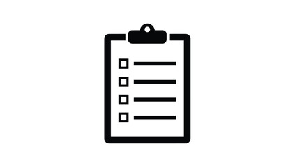 Fototapeta premium Minimalist black icon of a clipboard with checklist items and check boxes isolated on a clean white background.