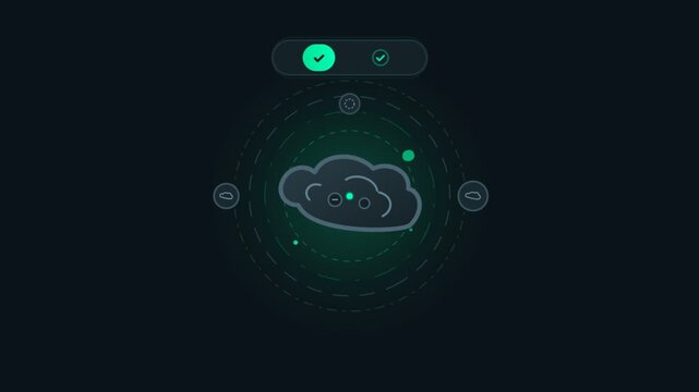 Animated vector user interface displaying morphing icons and glowing green button states on dark background