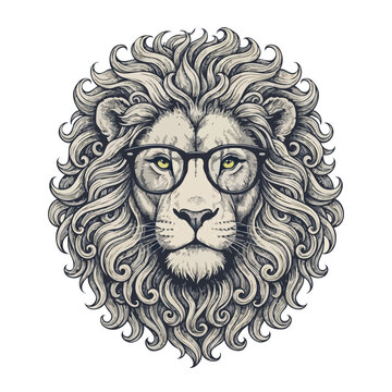 Vintage Hand Drawn Illustration of a Lion Wearing Glasses