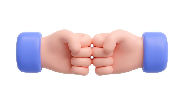 Two 3d cartoon hands doing a fist bump gesture isolated on white background, illustration
