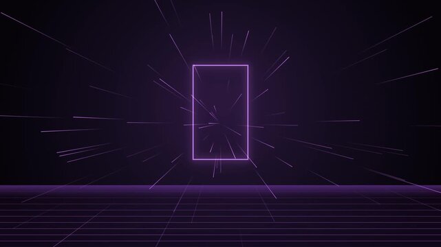 Retro neon purple frame background with zooming light streaks and synthwave horizon grid animation