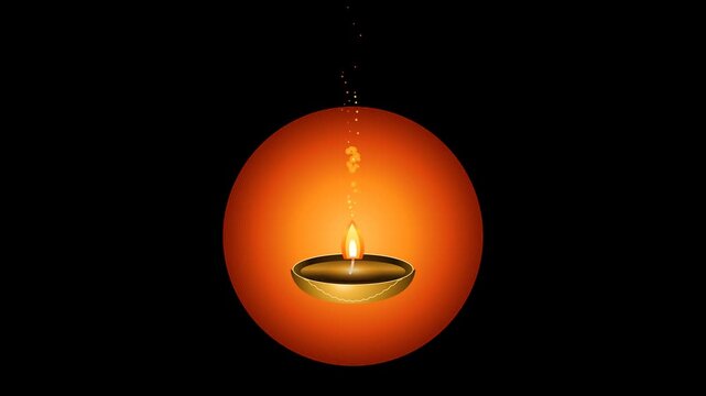 Cinematic 4K traditional handcrafted brass Diya oil lamp with breathing sacred multi-tiered flame, glowing wick, oil reservoir reflections, rising holy golden spark motes, and soft pulsating warm devo
