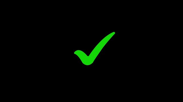 Green Tick mark icon animation on isolated black background. Check mark icon animation. right check mark icon transparent background
