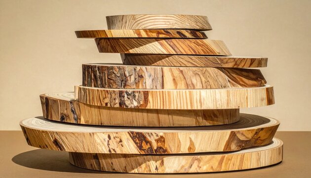 Stacked natural wood slices with visible tree rings and bark details, showcasing rustic texture