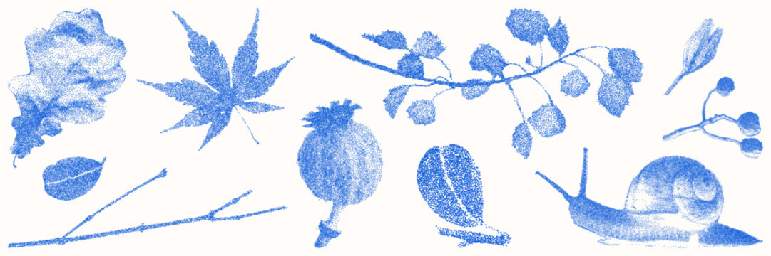 Blue cyanotype botanical and floral elements asset pack. Stipple dot overlay texture with flower and twig silhouette. Delicate indigo blue nature shape for template and graphic design project.