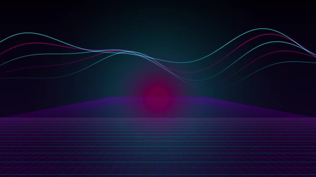 Retro synthwave neon grid background with glowing futuristic cyber audio wave lines loop