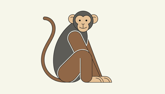 Cute brown monkey character sitting and looking forward, isolated on a light background with simple vector line art.