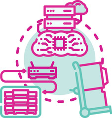 Fototapeta premium Cloud computing elements connected by a dashed line, illustrating a network of linked devices, databases, and an api for managing infrastructure setup and data transfer over a secure service
