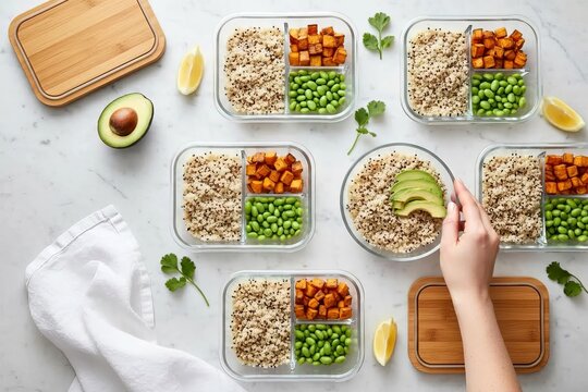 Healthy Meal Prep and Balanced Dieting: Flat Lay of Glass Food Containers with Grain Bowls, Vegetables, and Avocado