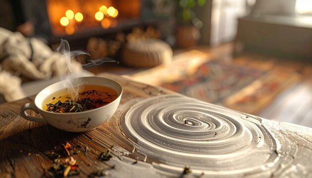 Steaming cup of loose leaf tea with intricate swirling pattern on wooden table