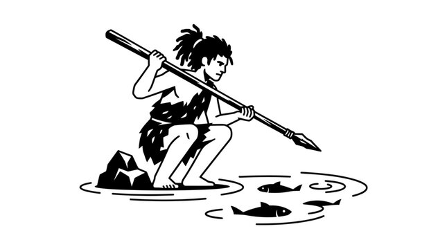Primitive hunter fishing with spear in water illustration